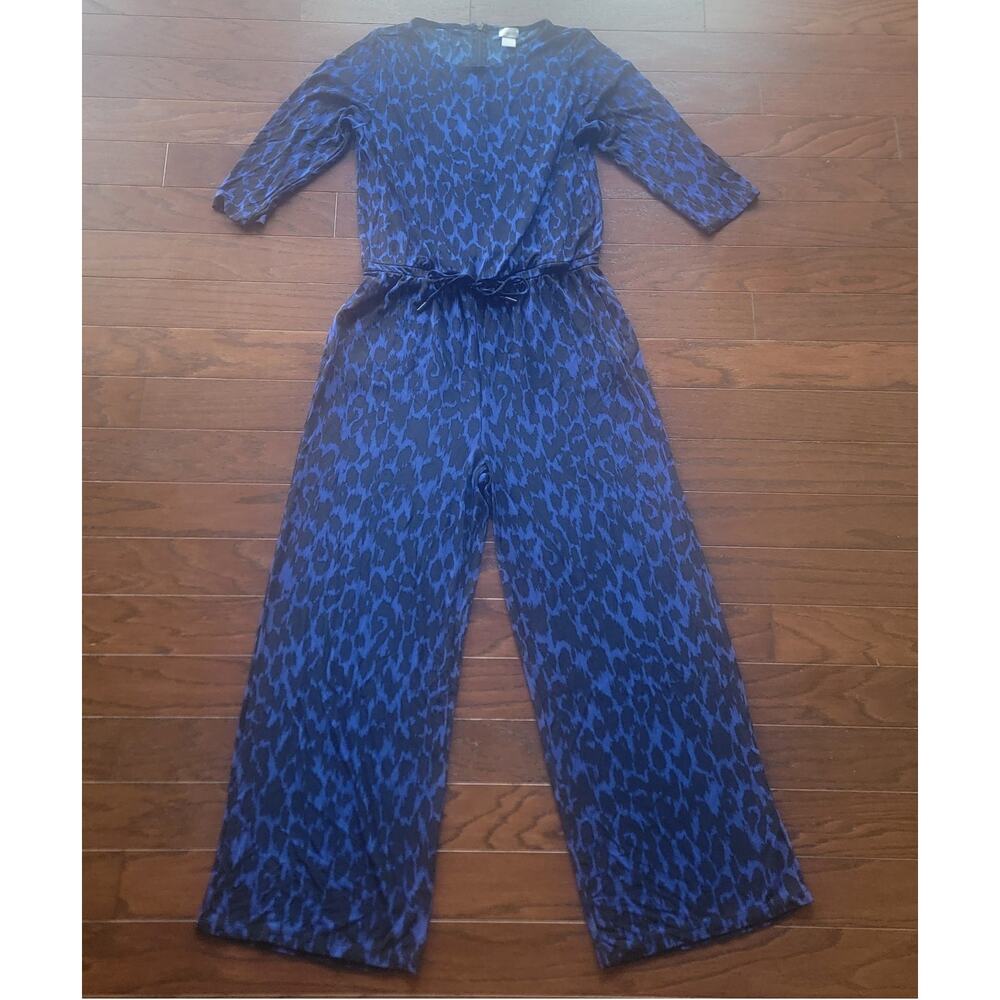 Chicos Travelers Jumpsuit Medium Blue Black Leopard Print